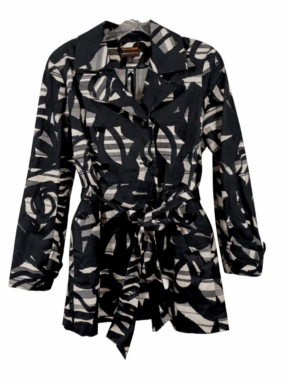 Dana Buchman Coat Windbreaker Belted M Jacket Black Abstract Print Button Up
